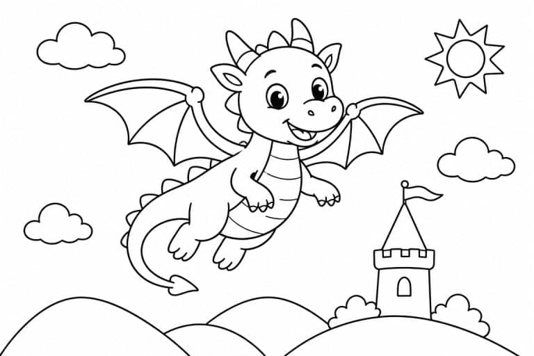 Fliegender Drache über den Hügeln - Ausmalbild ab 4 Jahren