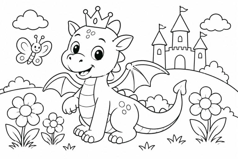 Freundlicher Babydrache im Märchengarten - Ausmalbild ab 4 Jahren