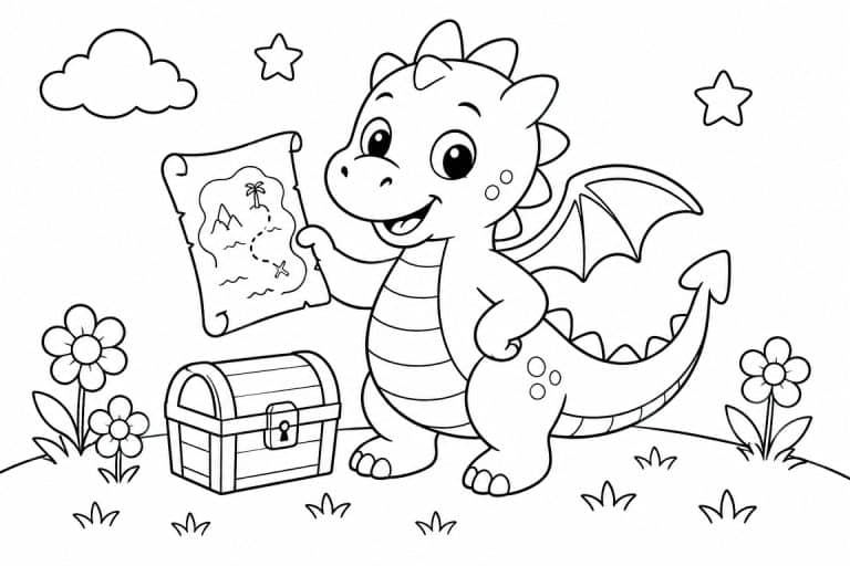 Fröhlicher Drache auf Schatzsuche - Ausmalbild ab 4 Jahren