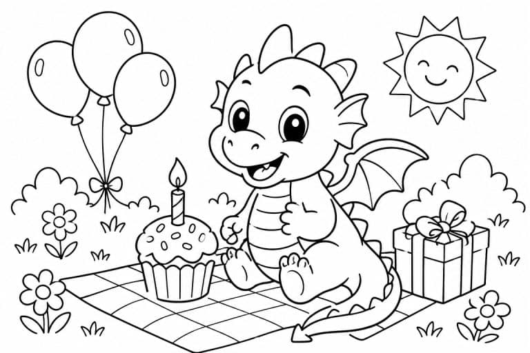 Geburtstagsparty mit Drachen im Grünen - Ausmalbild ab 4 Jahren