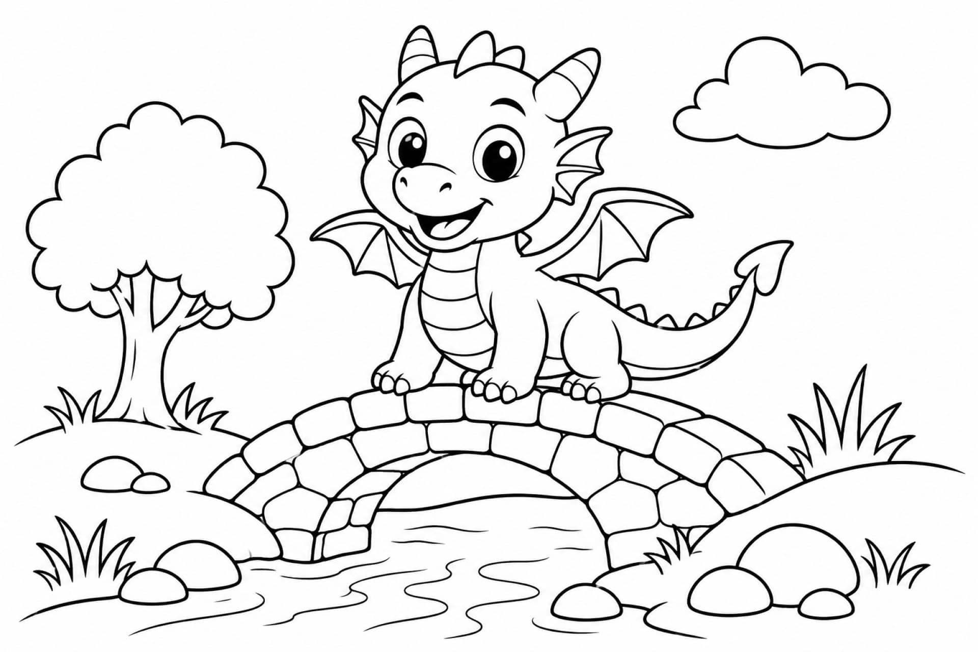 Kleiner Drache auf dem Brückchen - Ausmalbild ab 4 Jahren