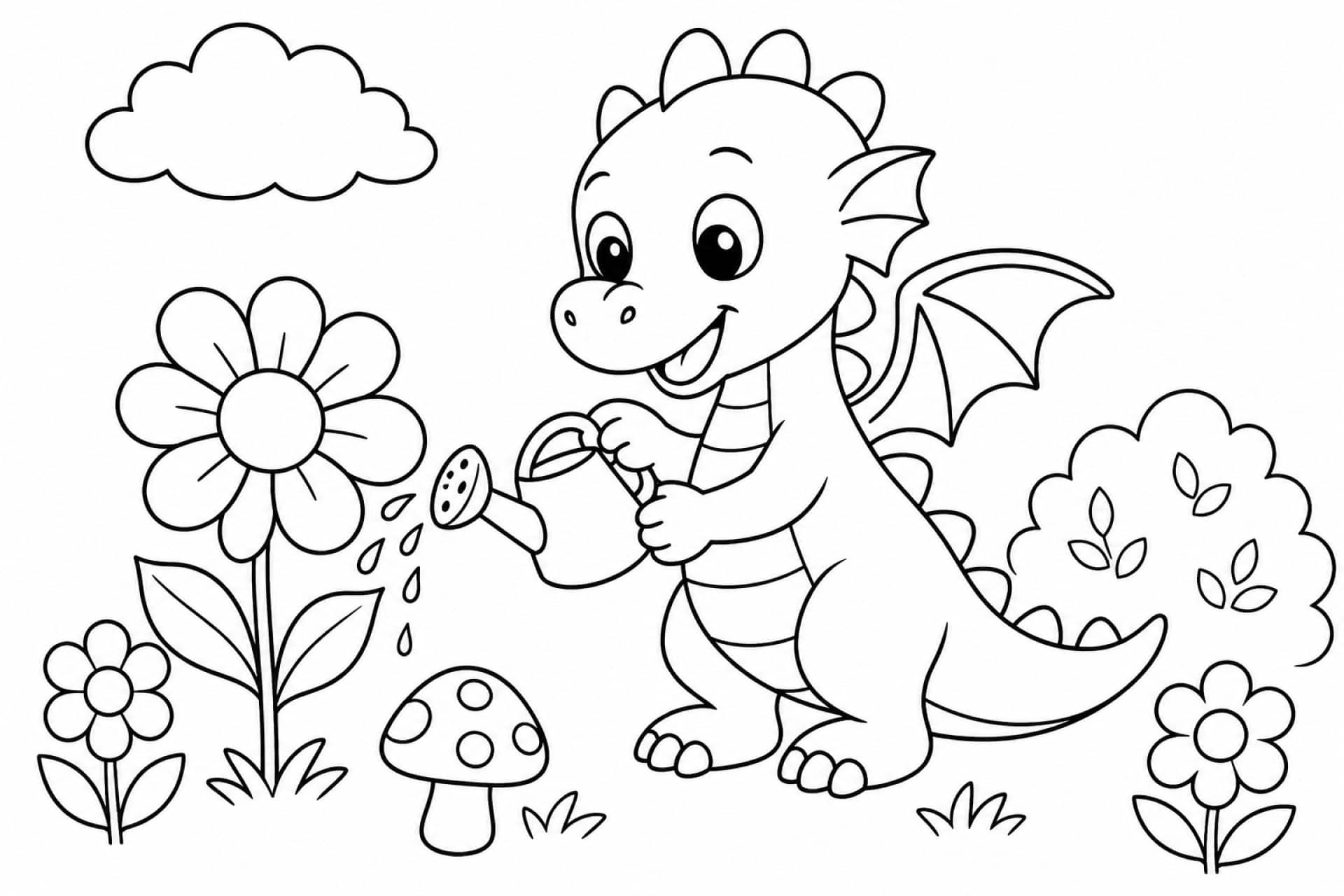 Kleiner Drache gießt eine Blume - Ausmalbild ab 4 Jahren