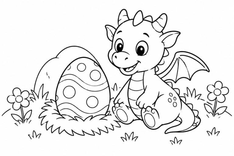 Kleiner Drache im Nest mit Ei - Ausmalbild ab 4 Jahren