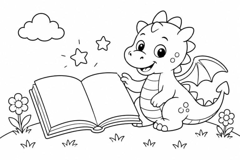 Kleiner Drache und Zauberbuch - Ausmalbild ab 4 Jahren