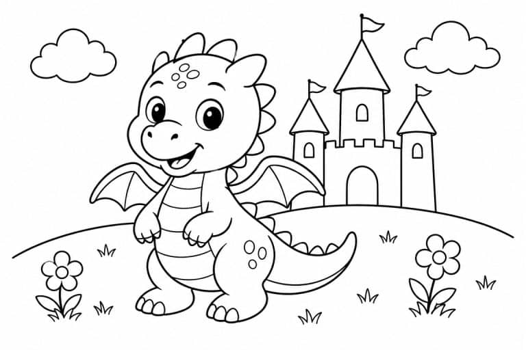 Kleiner Drache vor dem Märchenschloss - Ausmalbild ab 4 Jahren