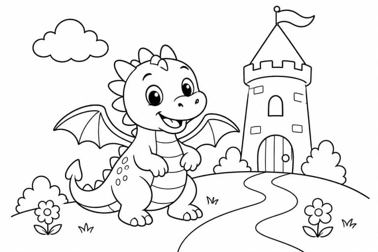 Kleiner Drache vor dem Turm - Ausmalbild ab 4 Jahren
