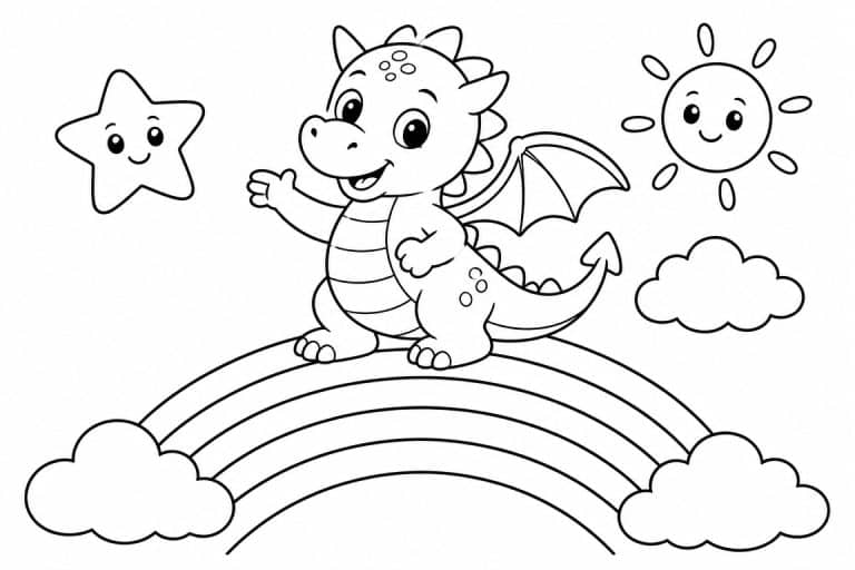Lustiger Drache auf dem Regenbogen - Ausmalbild ab 4 Jahren