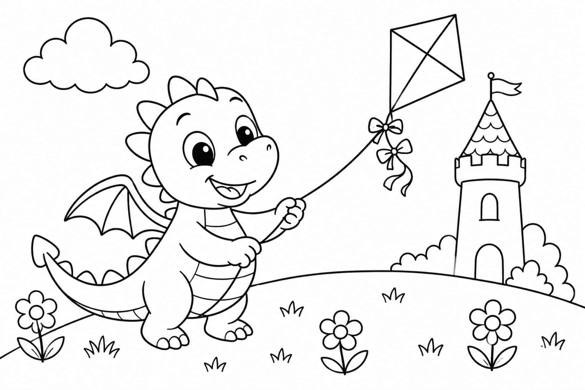 Lustiger Drache beim Drachensteigen - Ausmalbild ab 4 Jahren