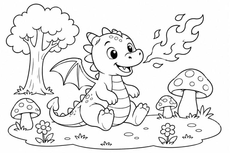 Lustiger Drache im Wald mit Flammen - Ausmalbild ab 4 Jahren