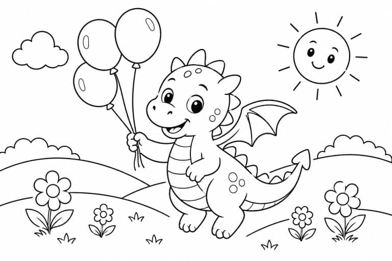 Lustiger Drache mit Ballons im Sonnenstrahl - Ausmalbild ab 4 Jahren