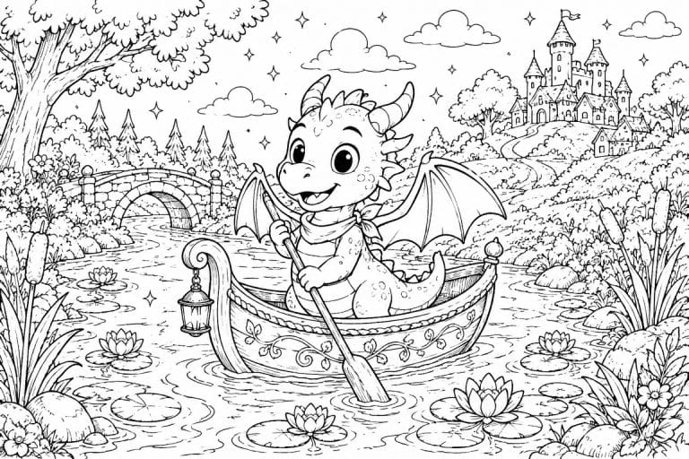Drache auf dem verträumten Fluss - Ausmalbild ab 6 Jahren