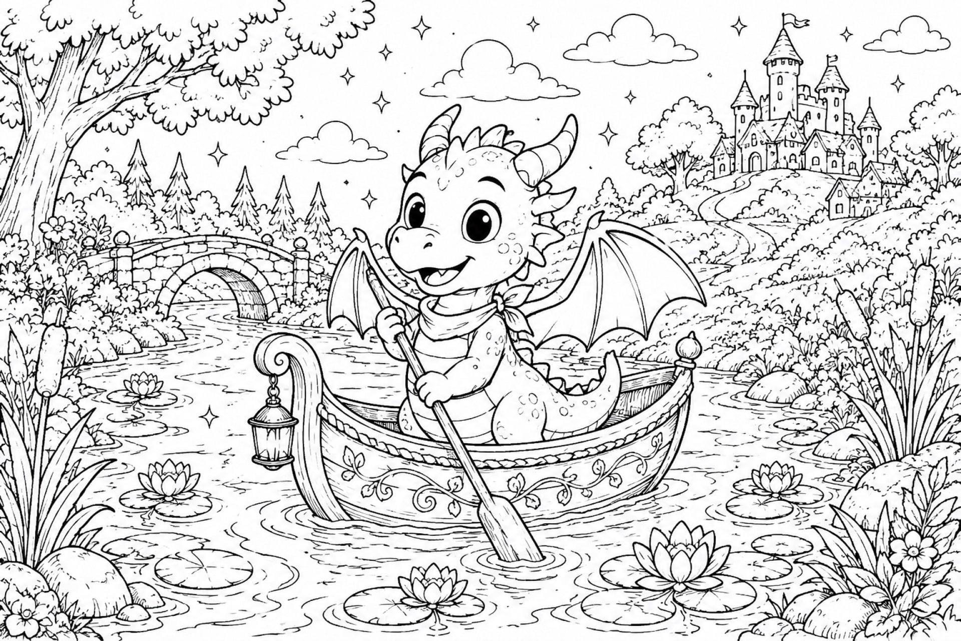 Drache auf dem verträumten Fluss - Ausmalbild ab 6 Jahren