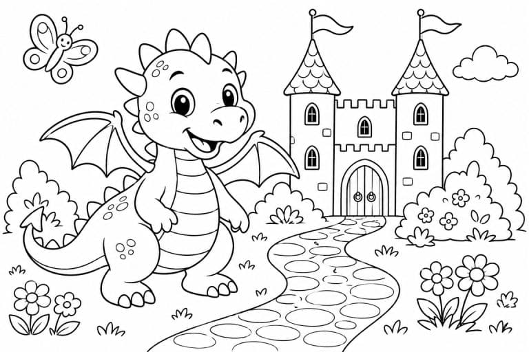 Freundlicher Drache vor dem Schloss - Ausmalbild ab 6 Jahren