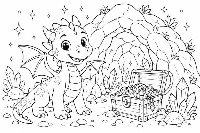 Freundlicher Drache vor einer Höhle - Ausmalbild ab 6 Jahren
