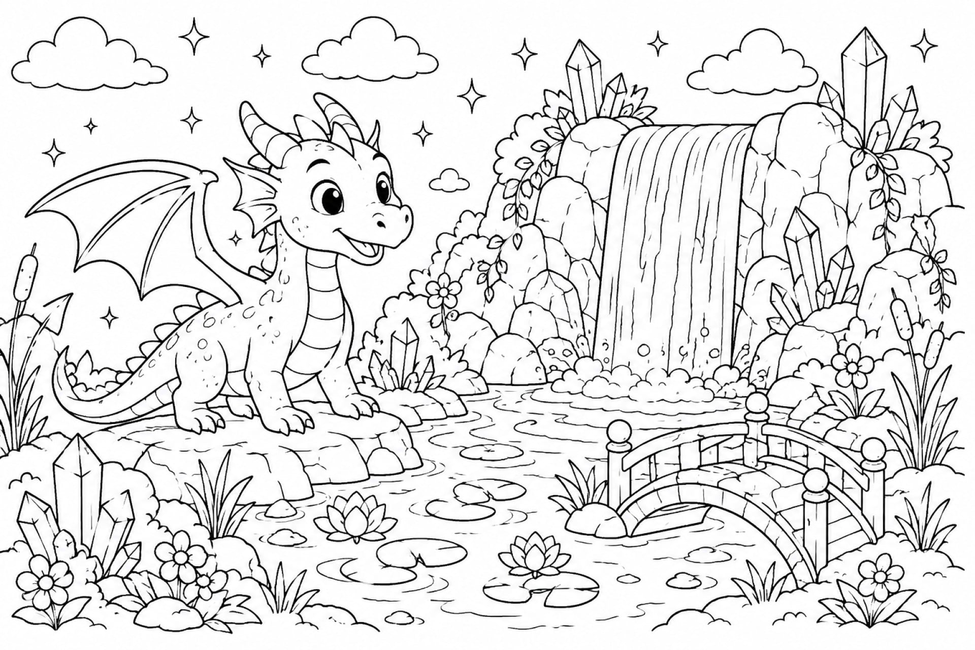 Junger Drache am Wasserfall - Ausmalbild ab 6 Jahren