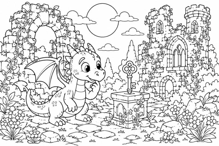 Kleiner Drache in verwunschenen Schlossruinen - Ausmalbild ab 6 Jahren