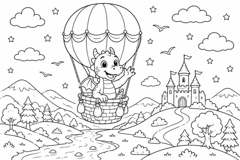 Luftballonfahrt über Schloss und Hügel - Ausmalbild ab 6 Jahren
