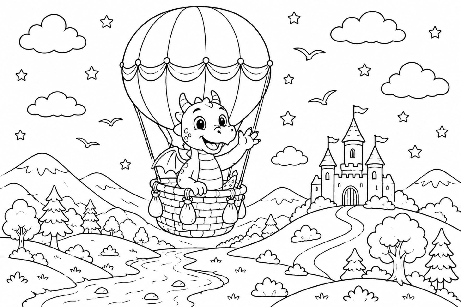 Luftballonfahrt über Schloss und Hügel - Ausmalbild ab 6 Jahren