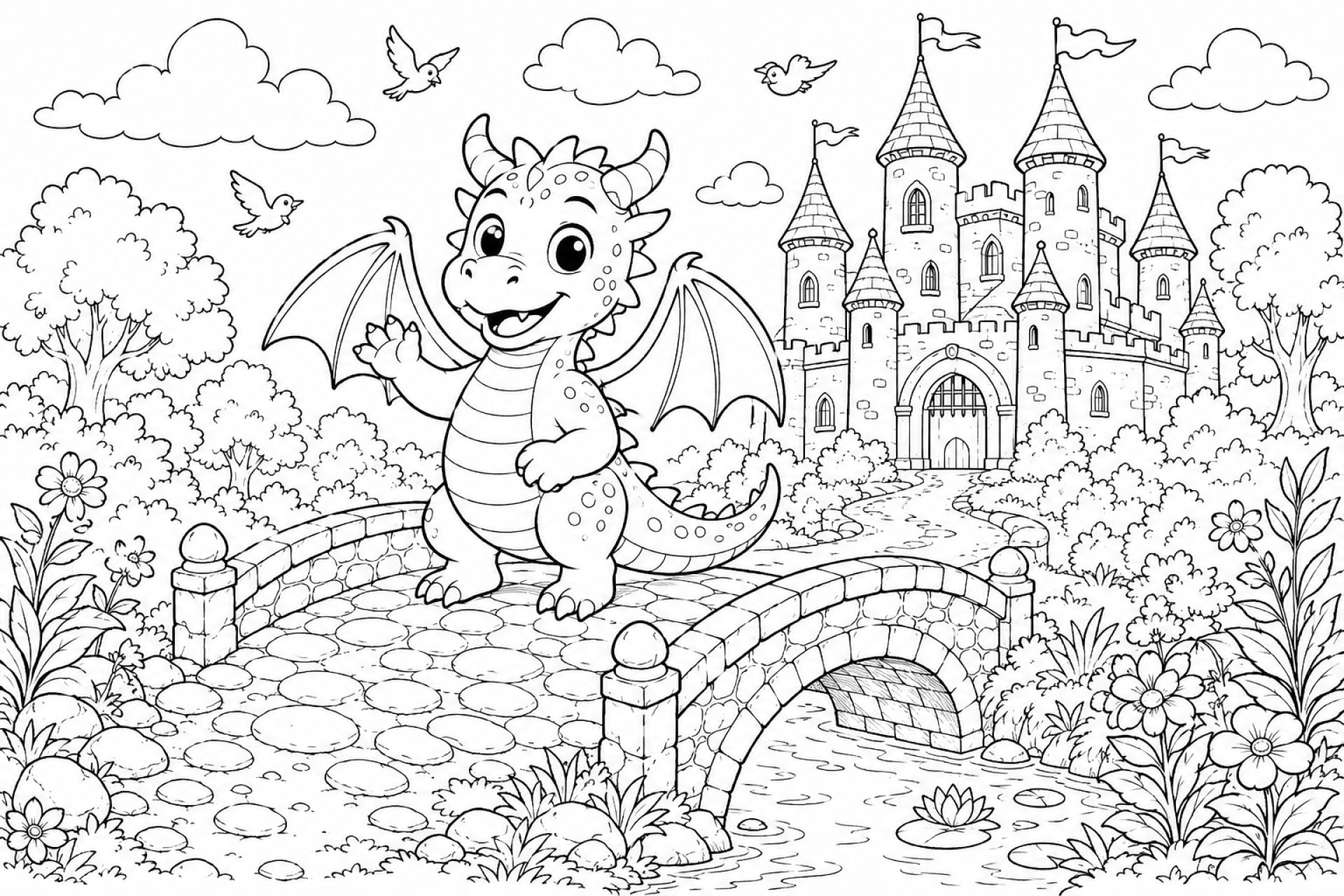 Lustiger Drache auf der Brücke vor dem Schloss - Ausmalbild ab 6 Jahren