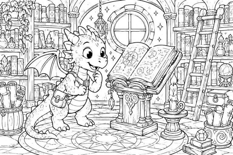 Zauberhafte Bibliothek mit Drachenfreund - Ausmalbild ab 6 Jahren