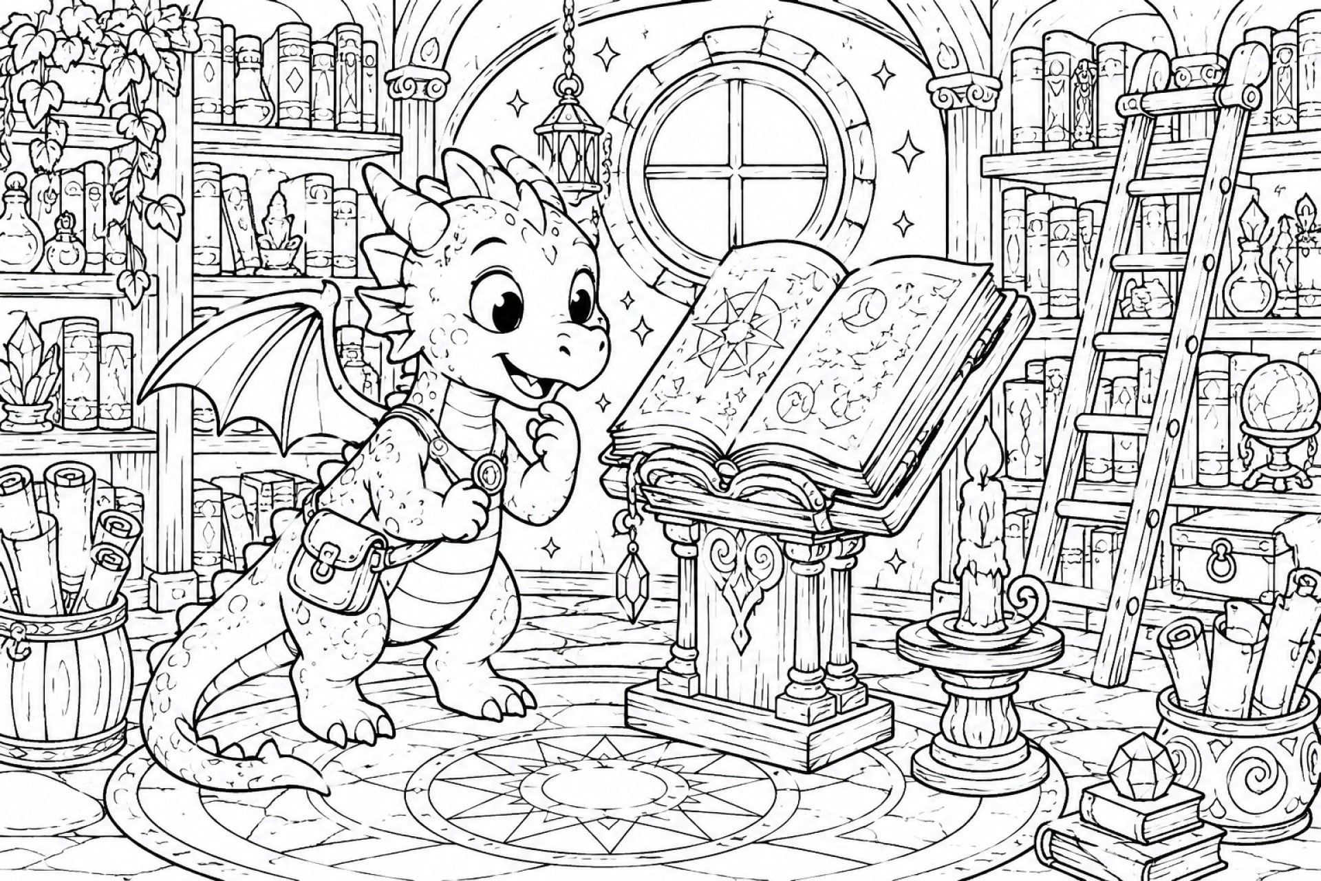Zauberhafte Bibliothek mit Drachenfreund - Ausmalbild ab 6 Jahren
