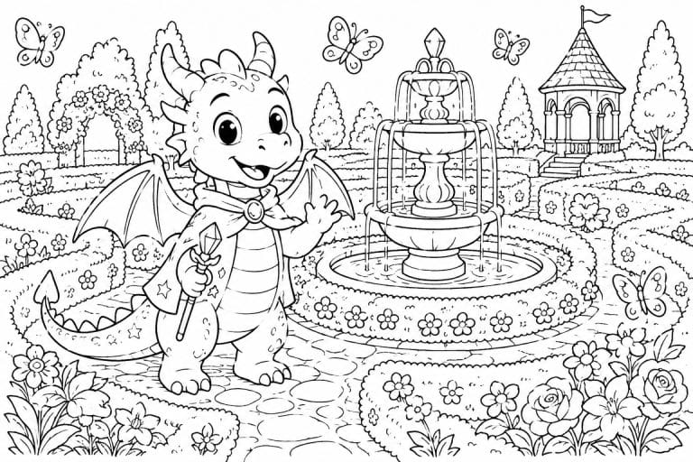 Zauberhafte Gartenszene mit Drachen - Ausmalbild ab 6 Jahren