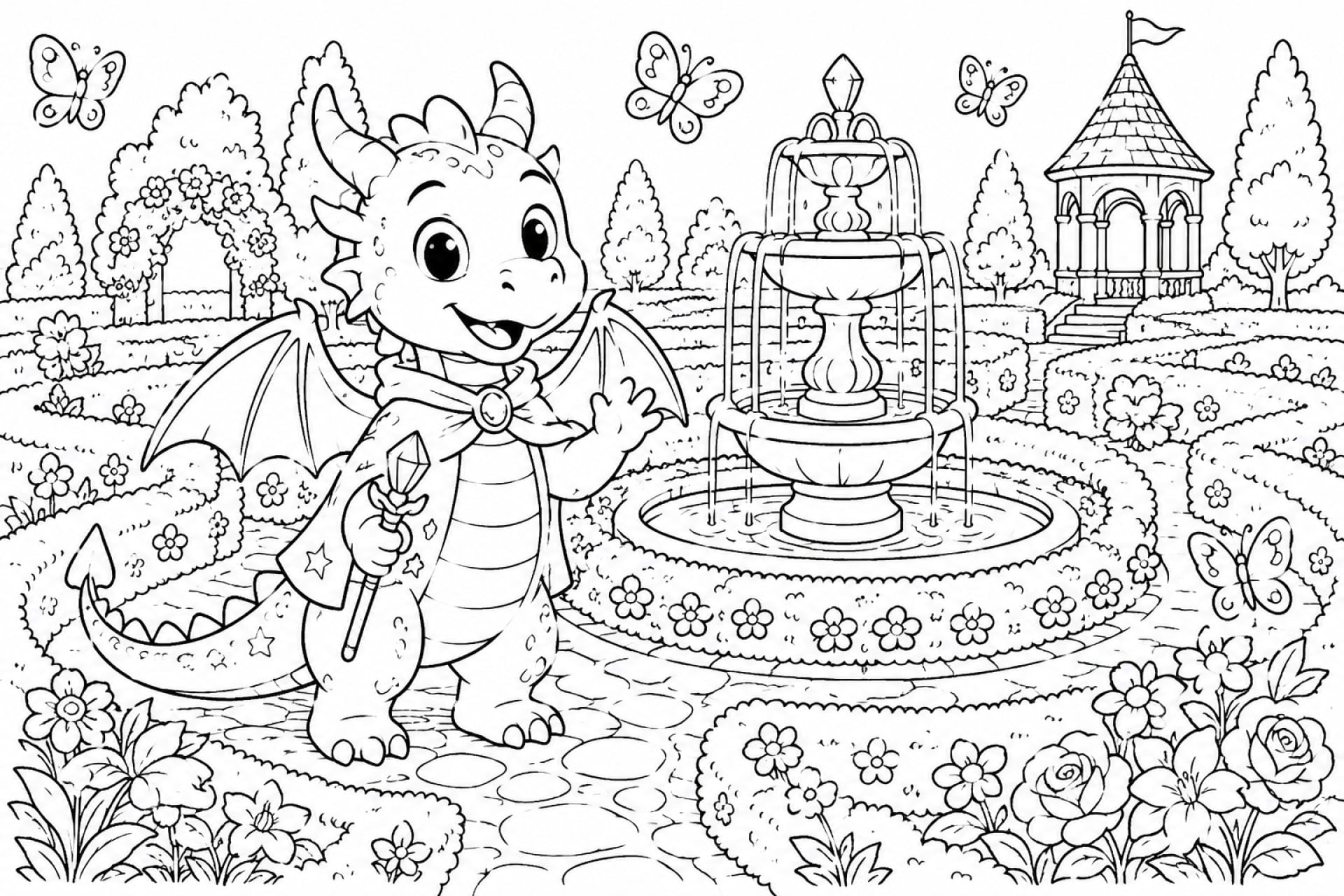 Zauberhafte Gartenszene mit Drachen - Ausmalbild ab 6 Jahren
