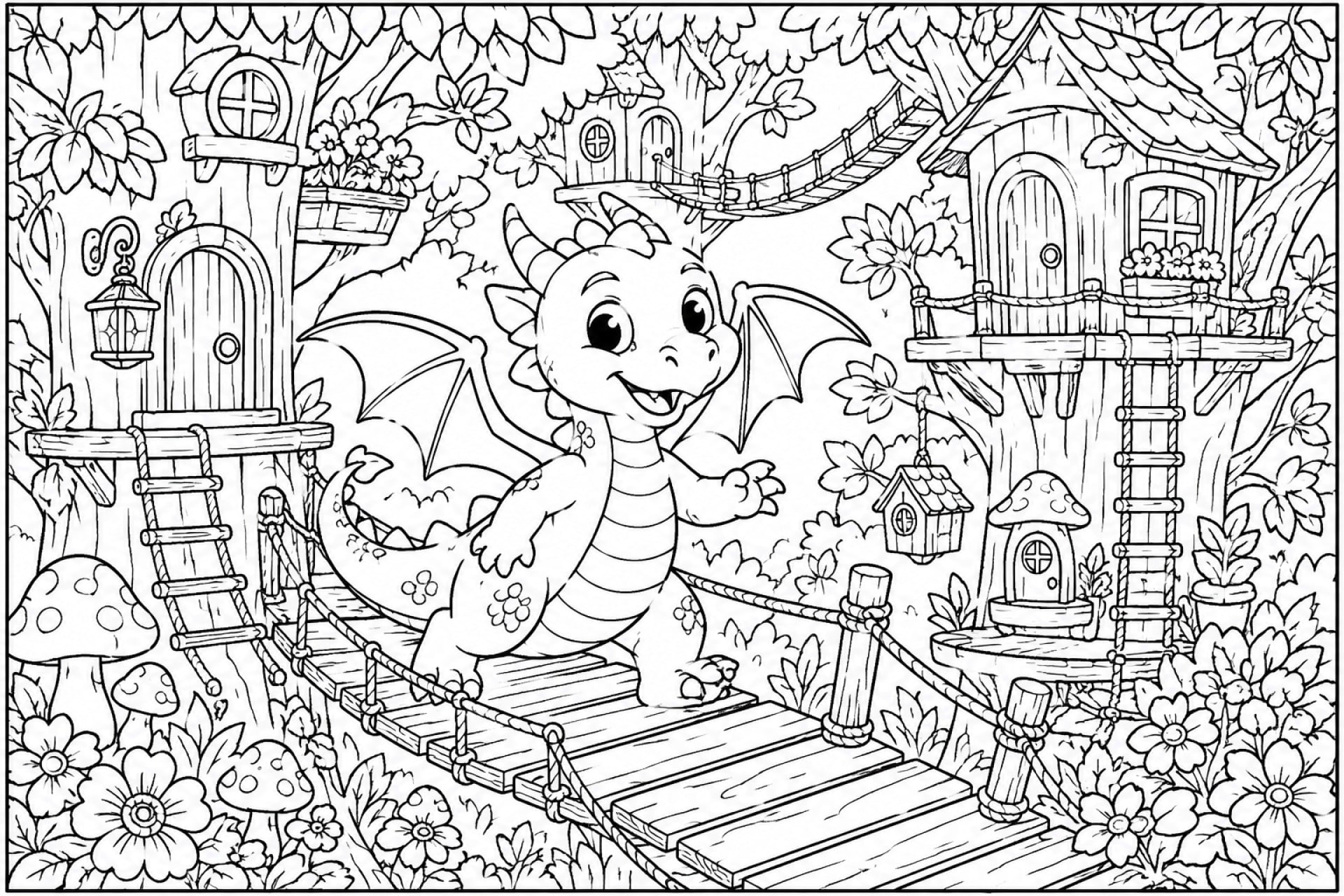 Zauberwald mit Drachen und Baumhäusern - Ausmalbild ab 6 Jahren