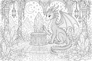 Beschützender Drache am Kristallaltar - Ausmalbild ab 8 Jahren