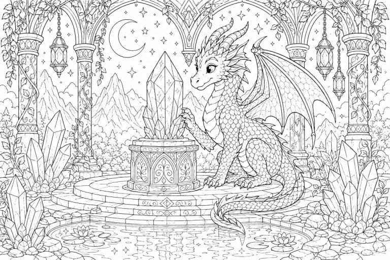Beschützender Drache am Kristallaltar - Ausmalbild ab 8 Jahren