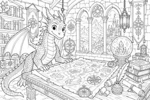 Drache im Kartographenstudierzimmer - Ausmalbild ab 8 Jahren