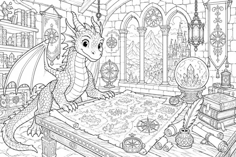 Drache im Kartographenstudierzimmer - Ausmalbild ab 8 Jahren