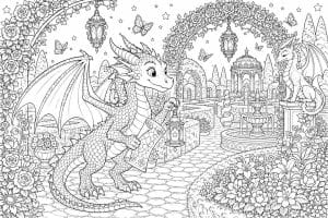 Drache im Rosenlabyrinth - Ausmalbild ab 8 Jahren