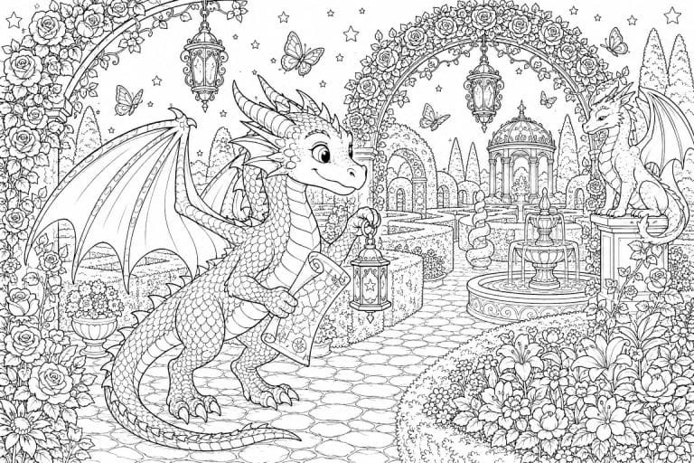 Drache im Rosenlabyrinth - Ausmalbild ab 8 Jahren