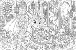 Drachenwerkstatt in einem Turmzimmer - Ausmalbild ab 8 Jahren