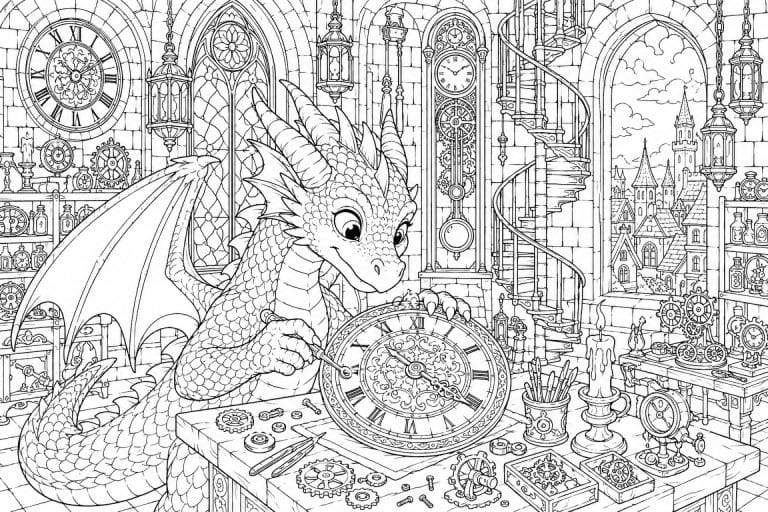 Drachenwerkstatt in einem Turmzimmer - Ausmalbild ab 8 Jahren