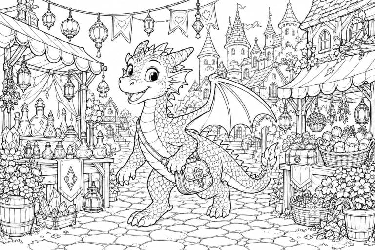 Fantasy-Drachenmarkt in der Altstadt - Ausmalbild ab 8 Jahren