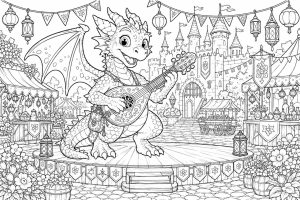 Freudiges Drachenfest auf dem Burghof - Ausmalbild ab 8 Jahren