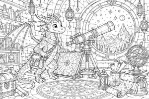 Junge Drachenforscher in einem Observatorium - Ausmalbild ab 8 Jahren