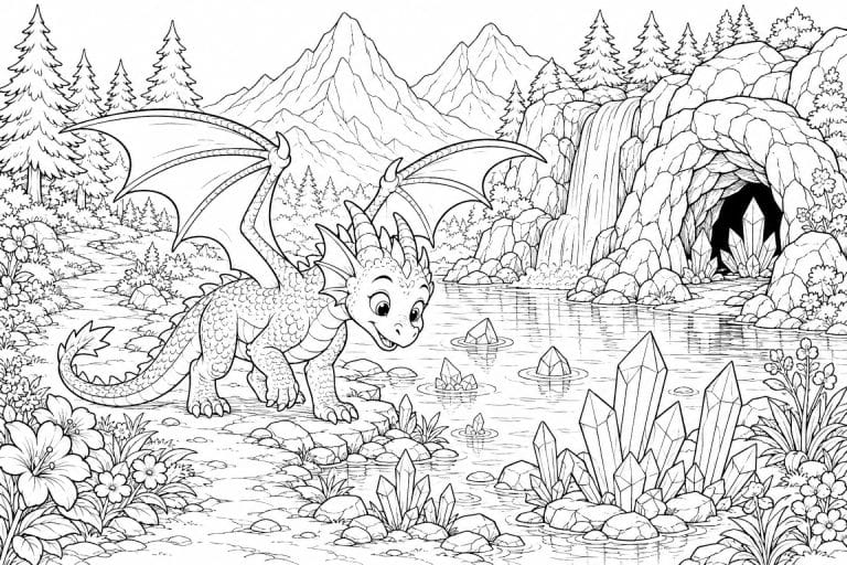 Junger Drache am kristallklaren See - Ausmalbild ab 8 Jahren
