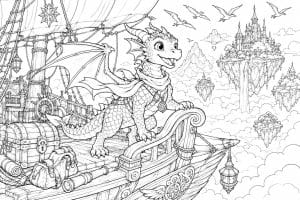Junger Drache auf einem Luftschiff - Ausmalbild ab 8 Jahren