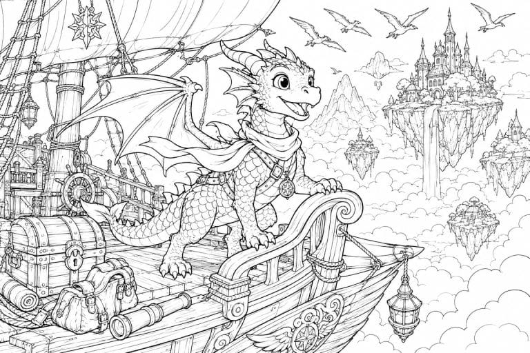 Junger Drache auf einem Luftschiff - Ausmalbild ab 8 Jahren