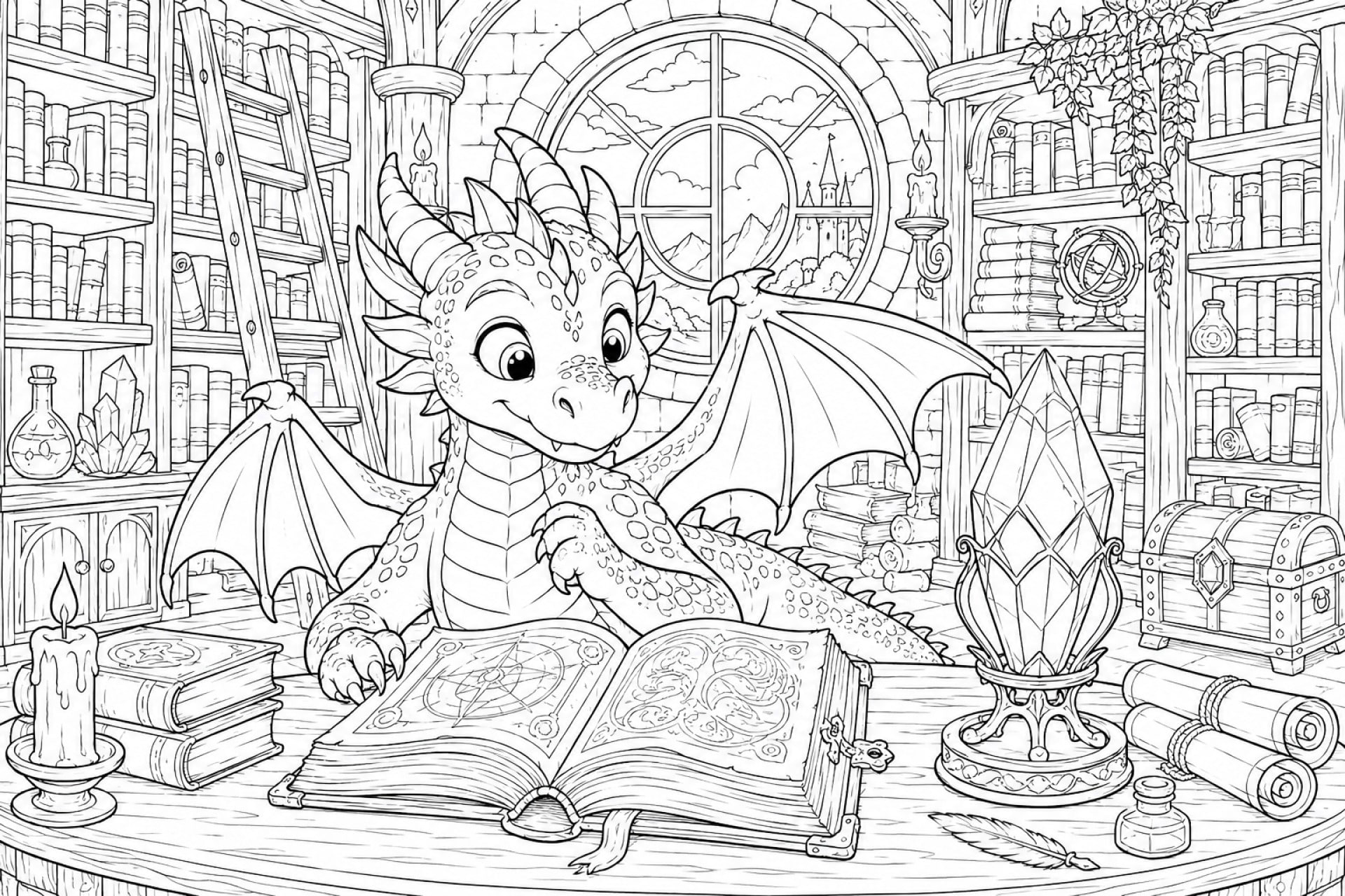 Junger Drache in einer Zauberbibliothek - Ausmalbild ab 8 Jahren