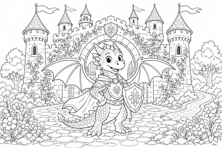Junger Drache vor der Burg - Ausmalbild ab 8 Jahren