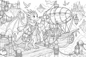 Lustiger Drache im fliegenden Hafen - Ausmalbild ab 8 Jahren