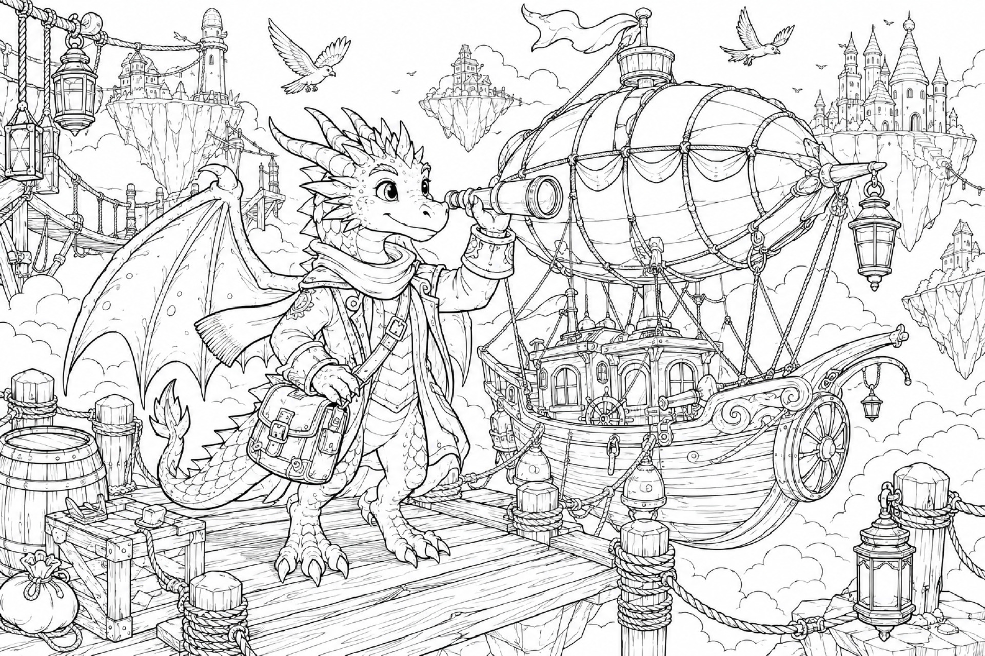 Lustiger Drache im fliegenden Hafen - Ausmalbild ab 8 Jahren