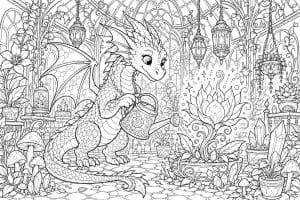Magischer Garten mit Drache und Blume - Ausmalbild ab 8 Jahren