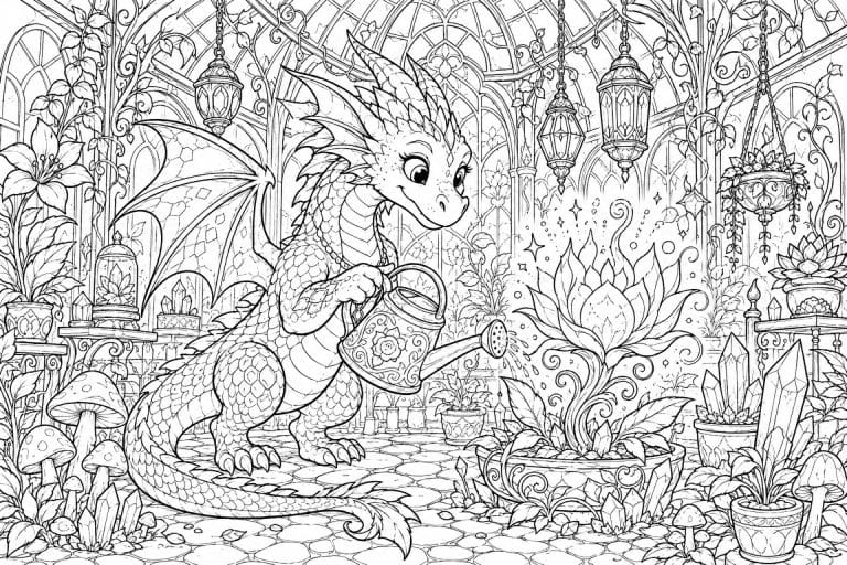Magischer Garten mit Drache und Blume - Ausmalbild ab 8 Jahren