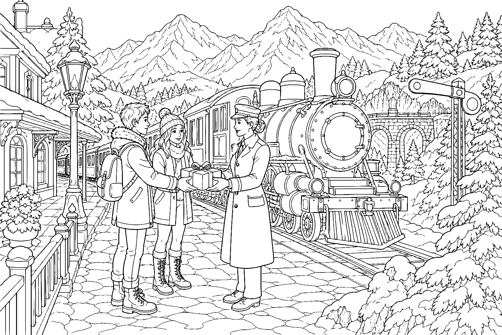 Adventliche Zugfahrt durch die Berglandschaft - Ausmalbild ab 11 Jahren
