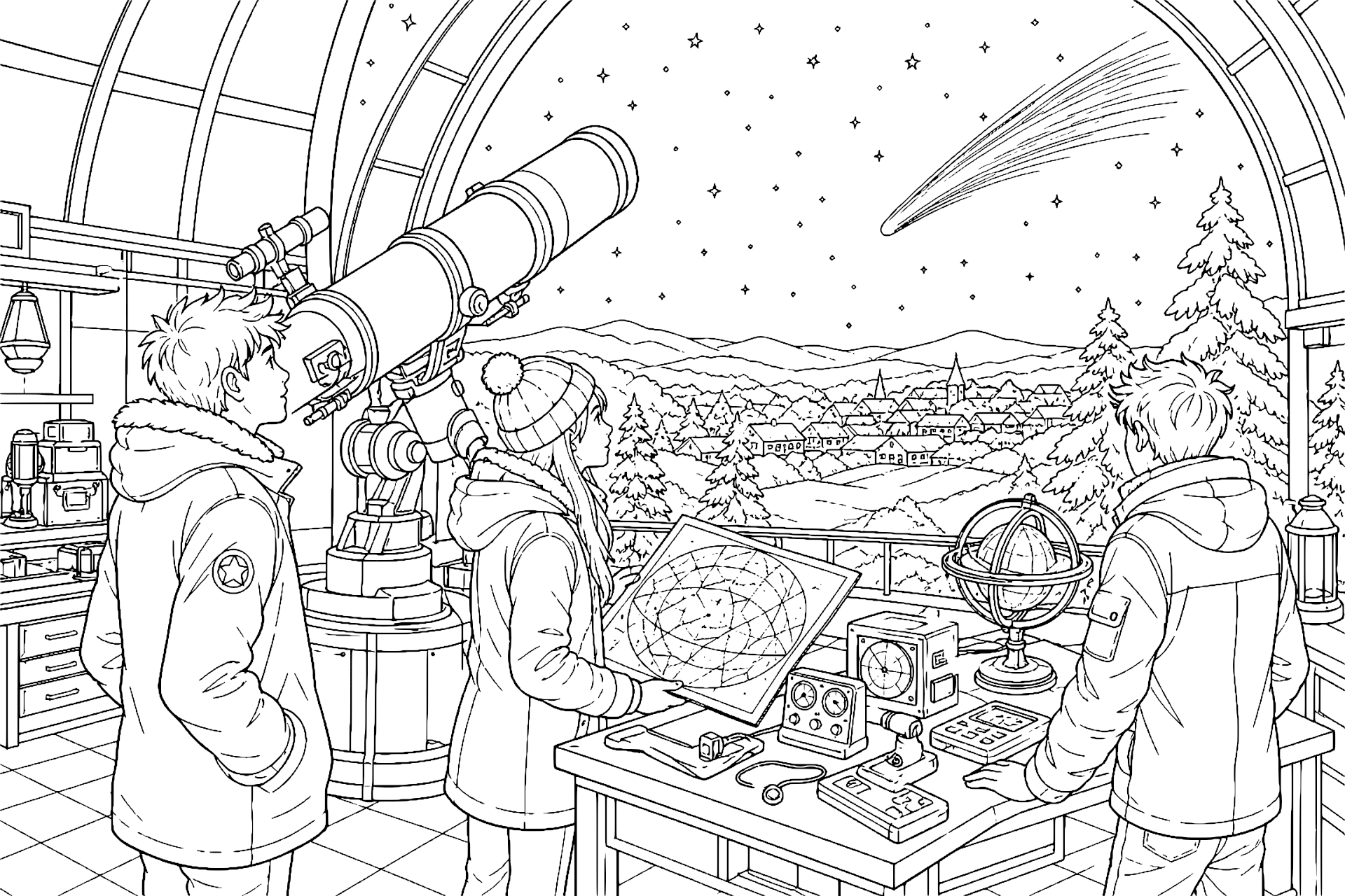 Sternwarte unter dem Weihnachtskometen - Ausmalbild ab 11 Jahren